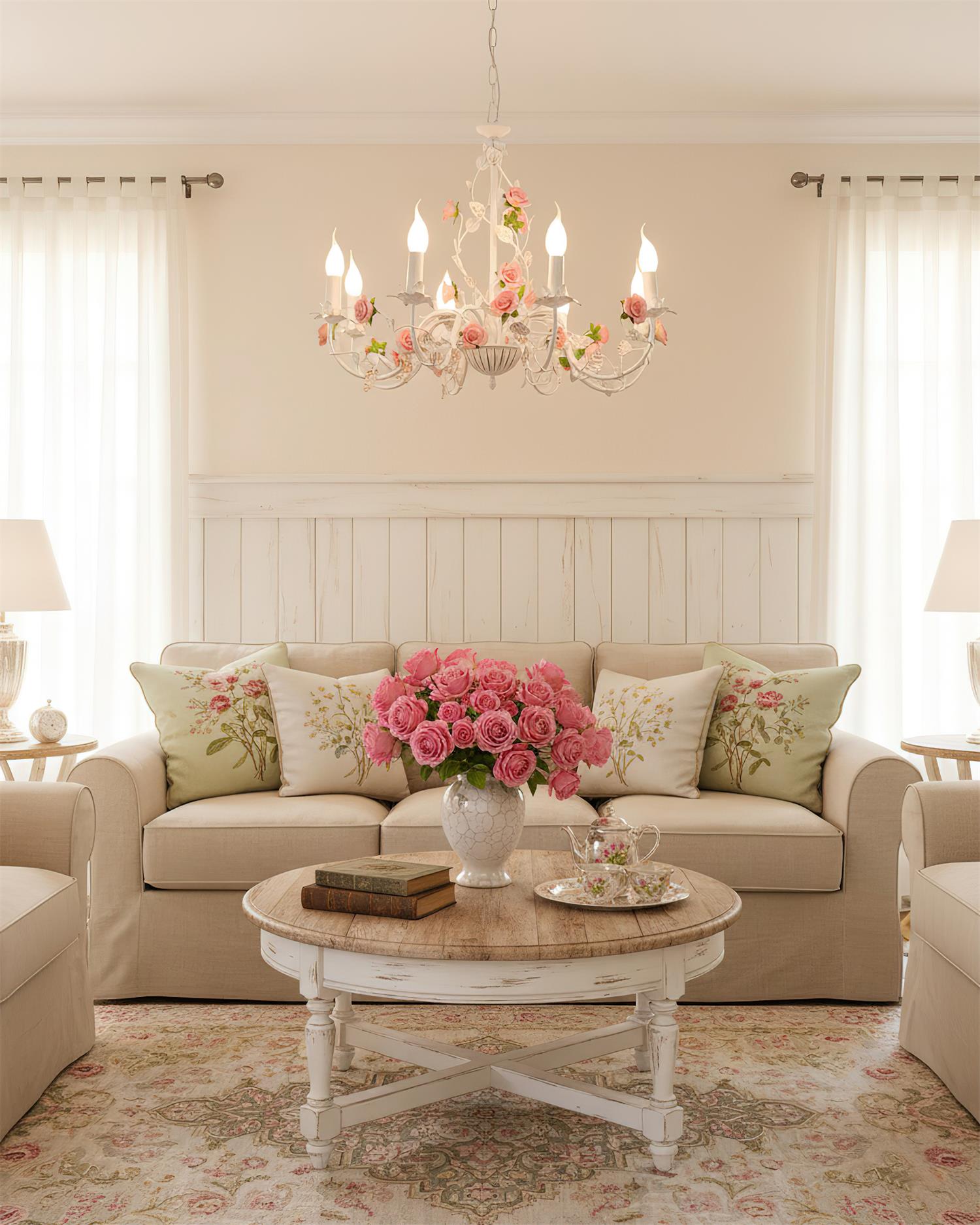 Ceramic rose chandelier detail - white and pink - Casa Norex