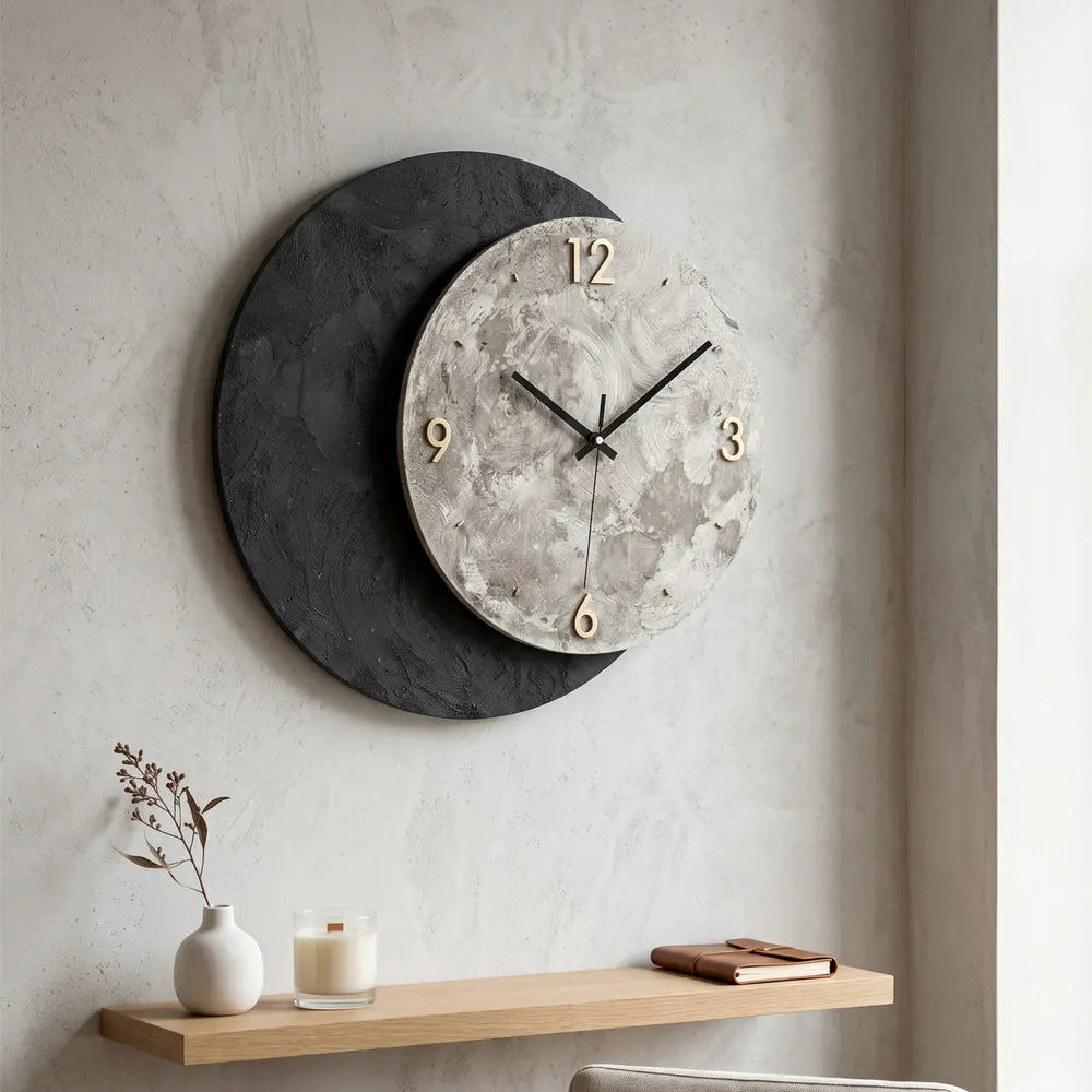 Close-up of hand-painted textured wood, 3D black moon overlay detail on 3D black moon wall clock | Casa Norex
