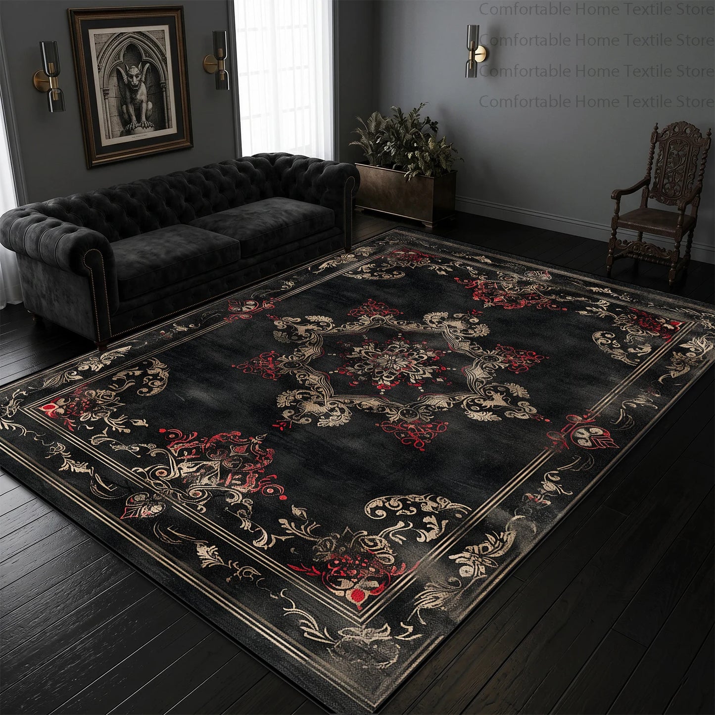 Black and gold Persian rug, full-room lifestyle shot — Casa Norex