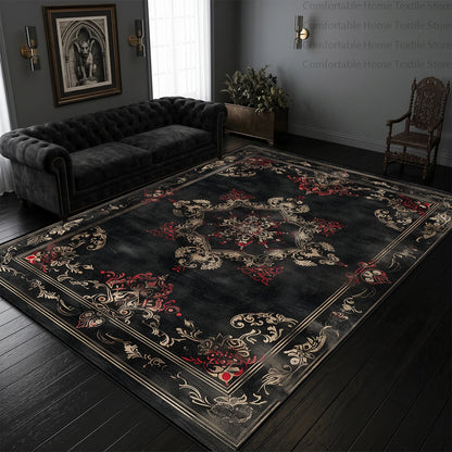 Black and gold Persian rug, full-room lifestyle shot — Casa Norex