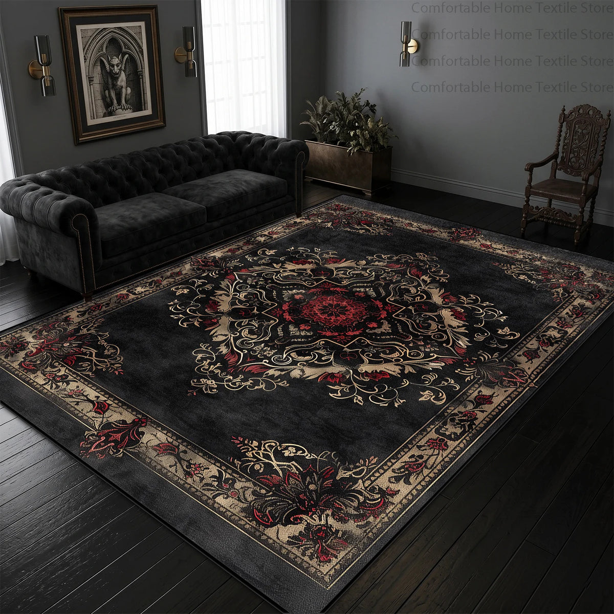 Close-up of classical Persian motif in black and gold rug | Casa Norex