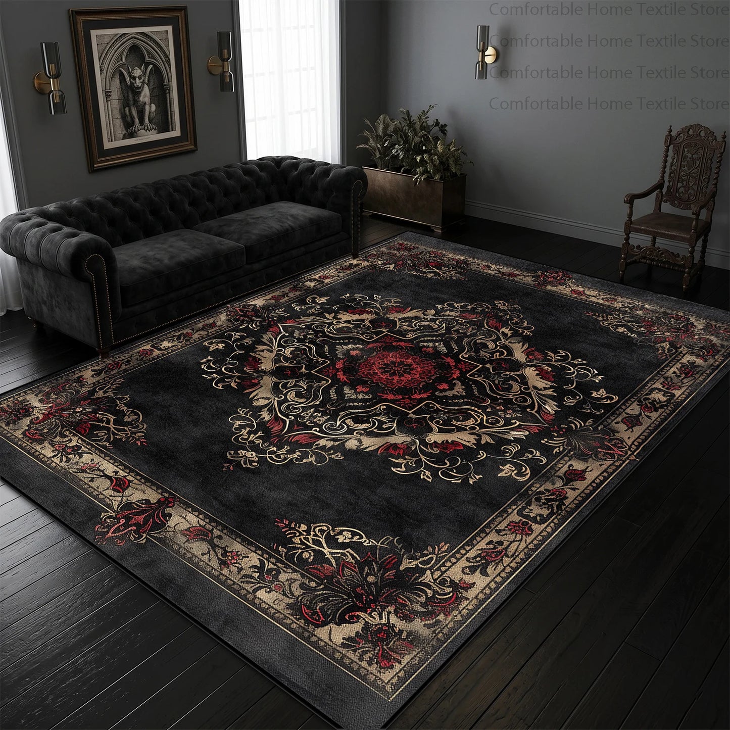 Close-up of classical Persian motif in black and gold rug | Casa Norex