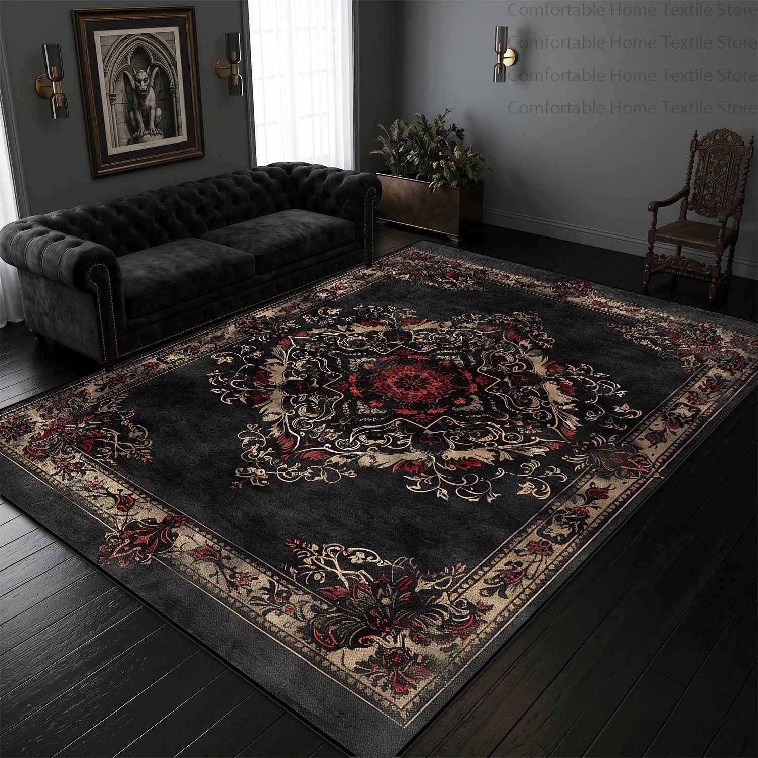 Close-up of classical Persian motif in black and gold rug | Casa Norex