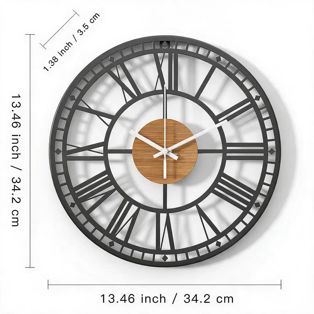 wood grain farmhouse wall clock — matte black metal frame with wood-grain center | Casa Norex