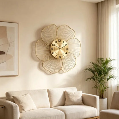 Wrought Iron Flower Wall Clock brushed gold dial close-up | Casa Norex