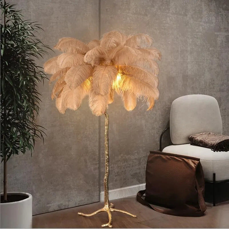 Ostrich feather floor lamp in Peacock Blue feather color