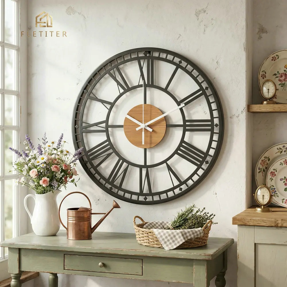 Close-up of matte black metal frame with wood-grain center detail on wood grain farmhouse wall clock | Casa Norex
