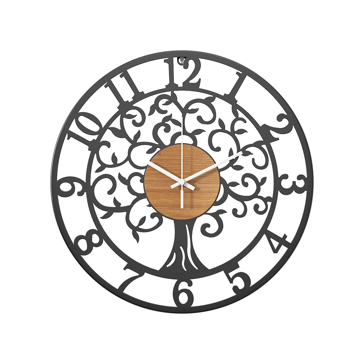 life tree iron wall clock — black corrosion-resistant iron, life-tree cutout motif | Casa Norex