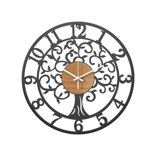 life tree iron wall clock — black corrosion-resistant iron, life-tree cutout motif | Casa Norex
