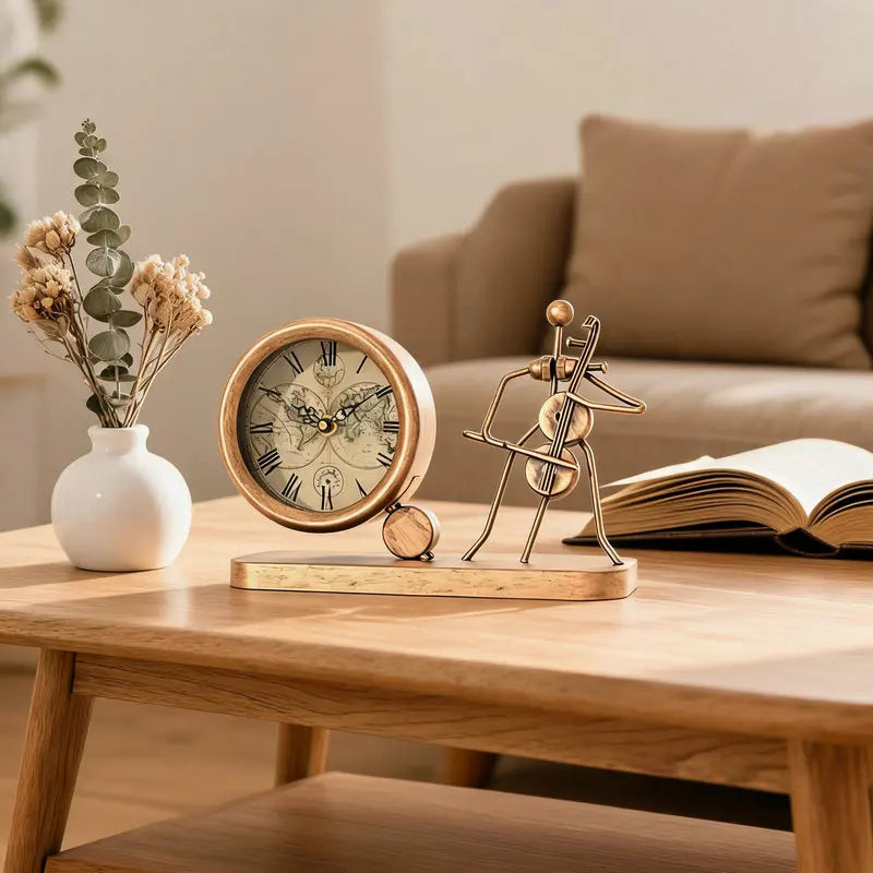Close-up of gold-tone metal with human figure and map-pattern dial detail on figure desk clock | Casa Norex