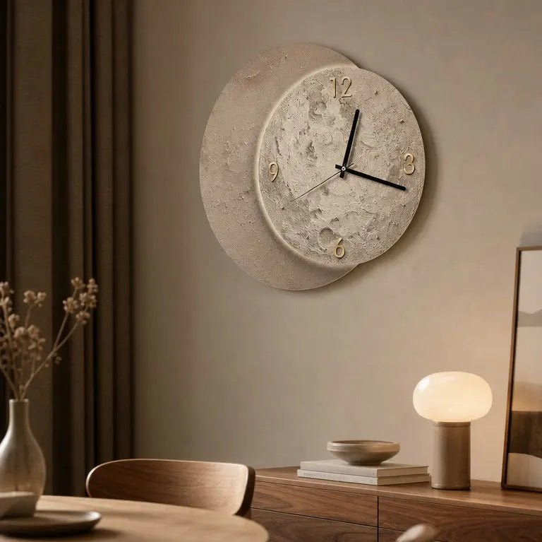Moon Phase Wall Clock alternate angle — beige and off-white MDF with 2D moon print | Casa Norex