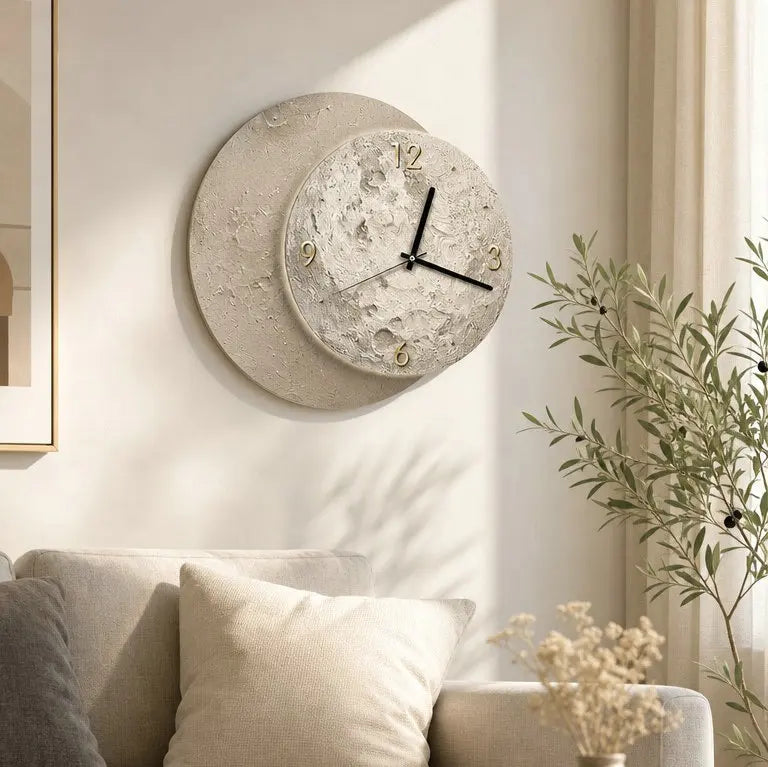 Close-up of beige and off-white MDF with 2D moon print detail on moon phase wall clock | Casa Norex