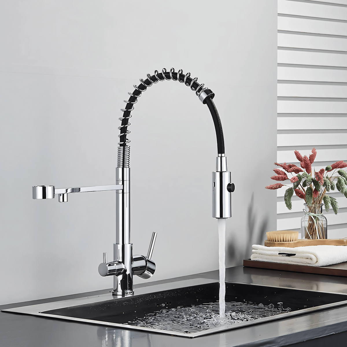 Ashgrove 3-Way Filtered Pull-Down Kitchen Faucet — solid brass body with ABS sprayer, angled view | Casa Norex