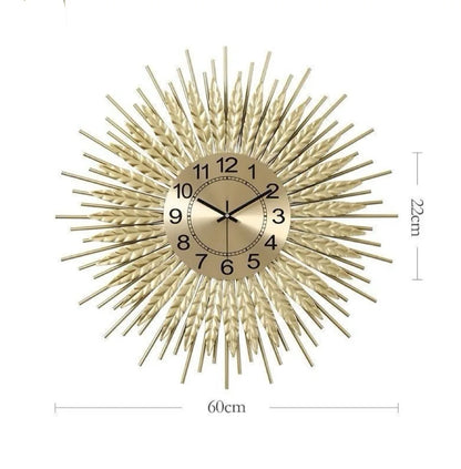 wheat sunburst wall clock — gold iron sunburst frame with wheat-ear motif | Casa Norex