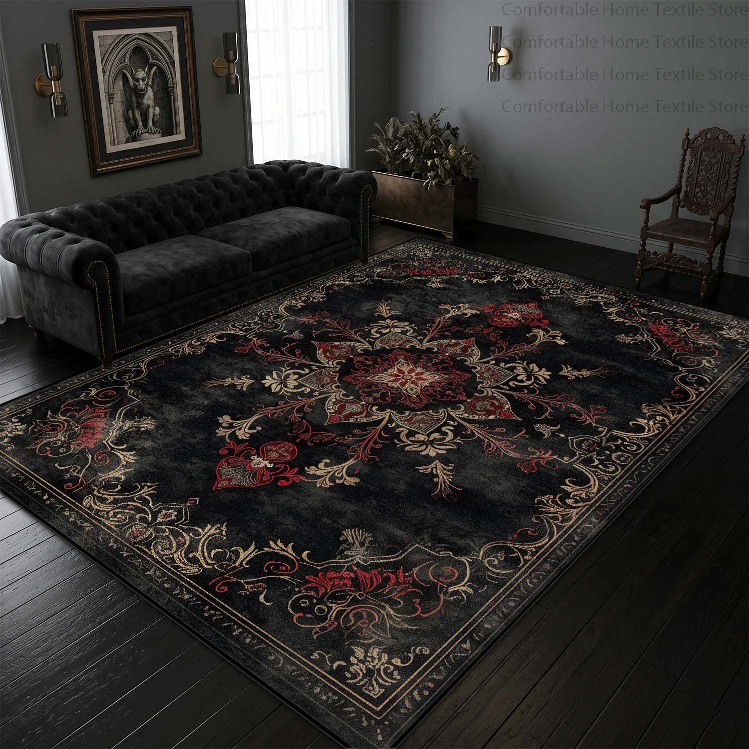 Black and gold Persian rug — alternate angle — Casa Norex