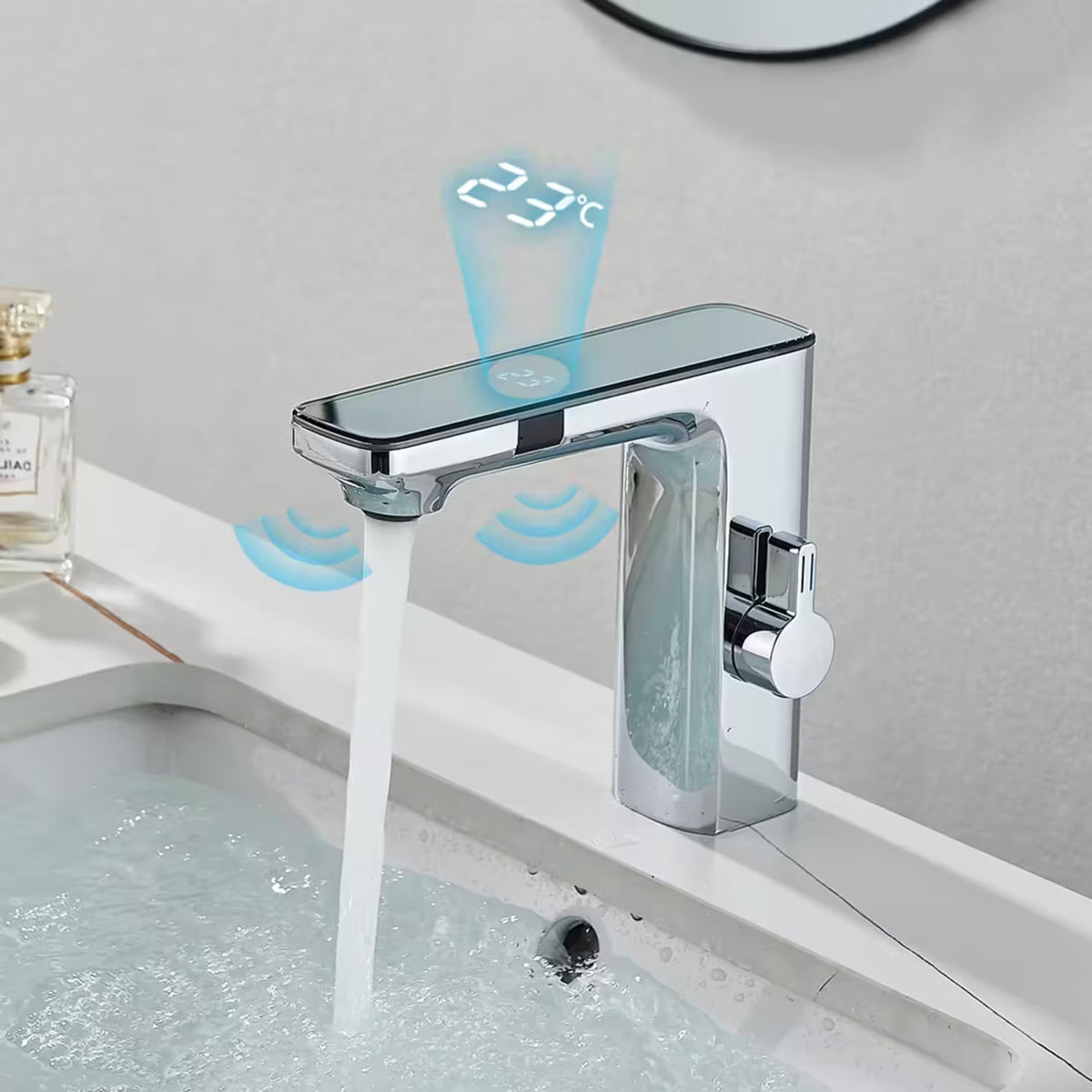 Sensora Bathroom Basin Faucet lifestyle angle — White finish — Casa Norex