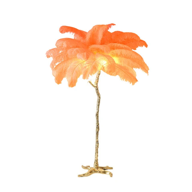 Ostrich feather floor lamp in a living room corner
