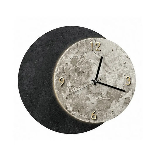 3D Black Moon Wall Clock alternate angle — hand-painted textured wood, 3D black moon overlay | Casa Norex