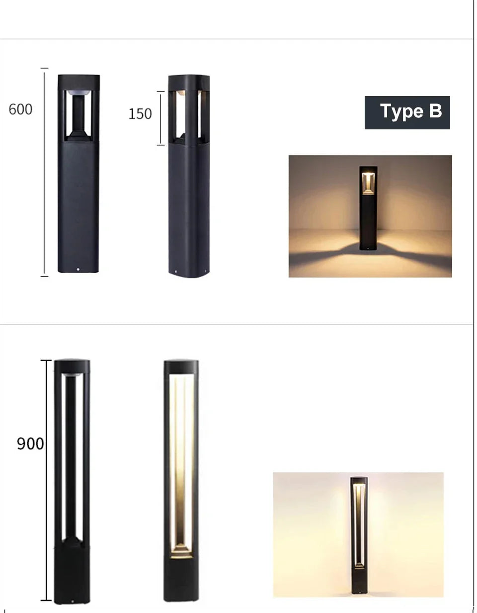 Black Aluminum Bollard Light in garden setting