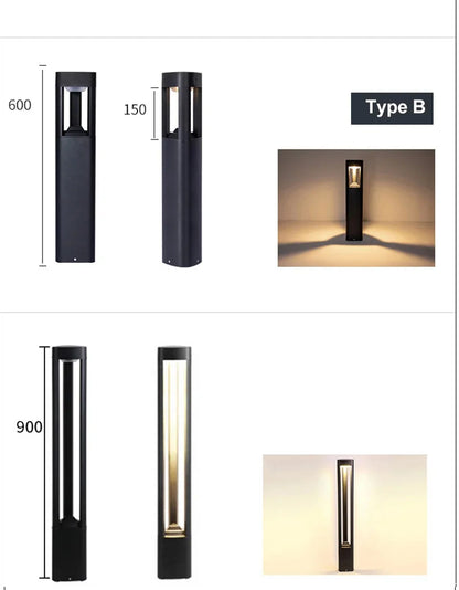Black Aluminum Bollard Light in garden setting