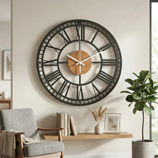 Wood Grain Farmhouse Wall Clock alternate angle — matte black metal frame with wood-grain center | Casa Norex