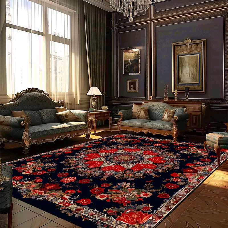 Persian print area rug in living room setting — recoverable pile | Casa Norex