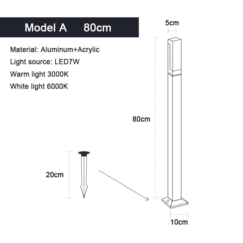 Aluminum LED lawn lamp height size comparison chart