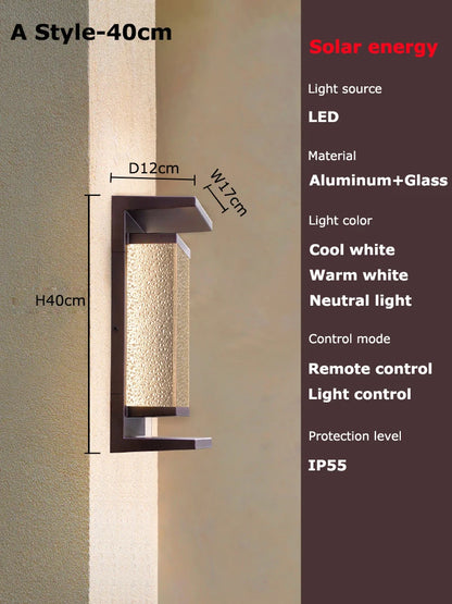 Solar dusk to dawn wall lantern in Brown mounted on a porch