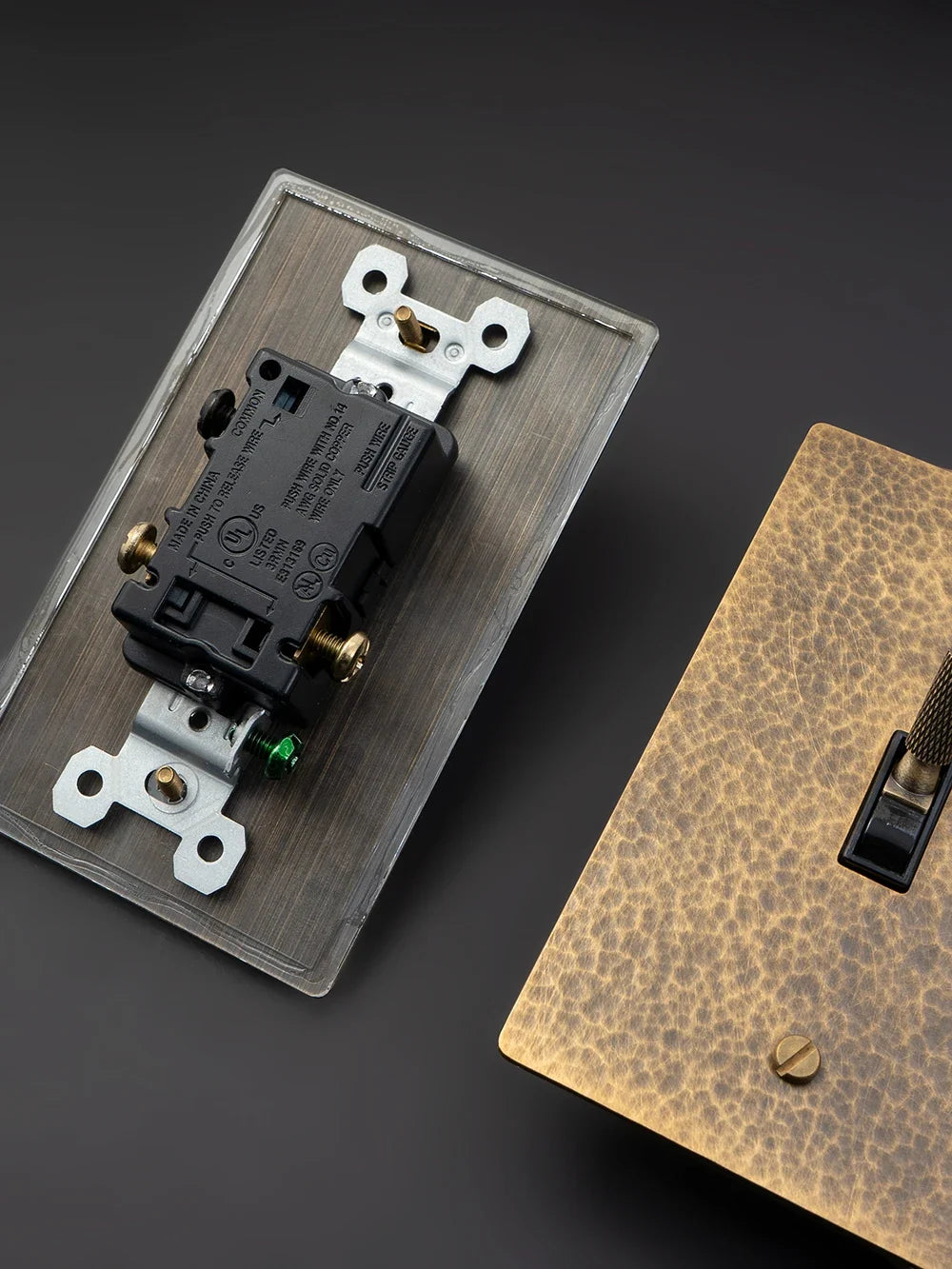 Hammered brass dimmer switch installation detail — Casa Norex