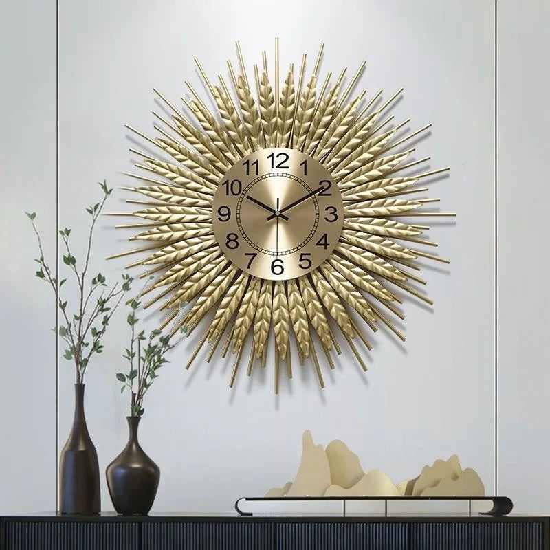 Wheat Sunburst Wall Clock in interior setting — gold iron sunburst frame with wheat-ear motif | Casa Norex