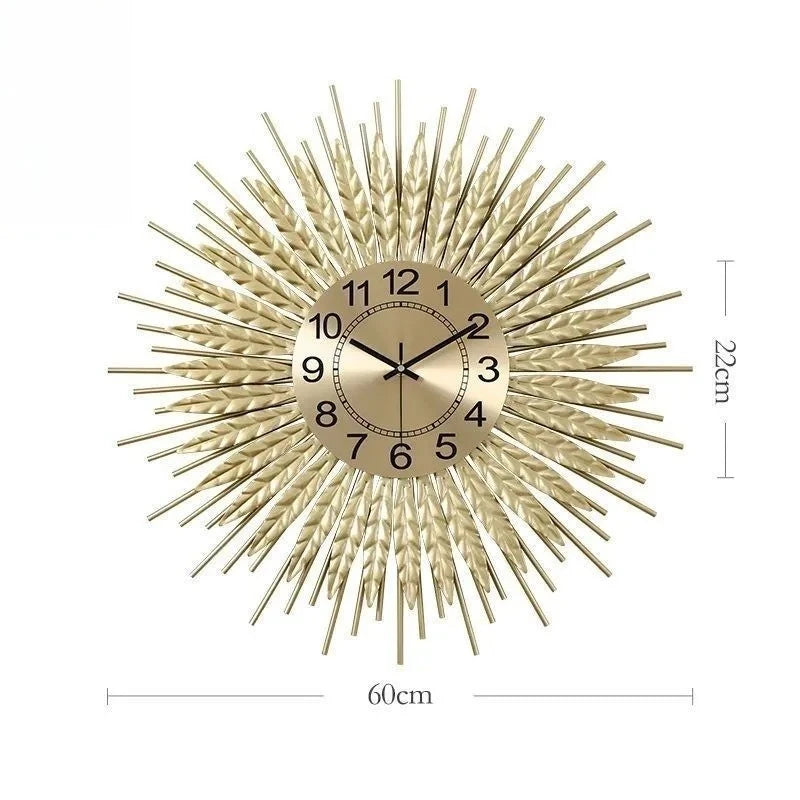 Wheat Sunburst Wall Clock alternate angle — gold iron sunburst frame with wheat-ear motif | Casa Norex