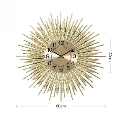 Wheat Sunburst Wall Clock alternate angle — gold iron sunburst frame with wheat-ear motif | Casa Norex