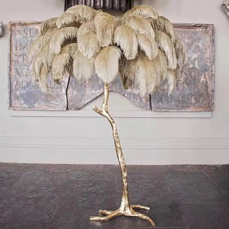 Ostrich feather floor lamp in Orange feather color