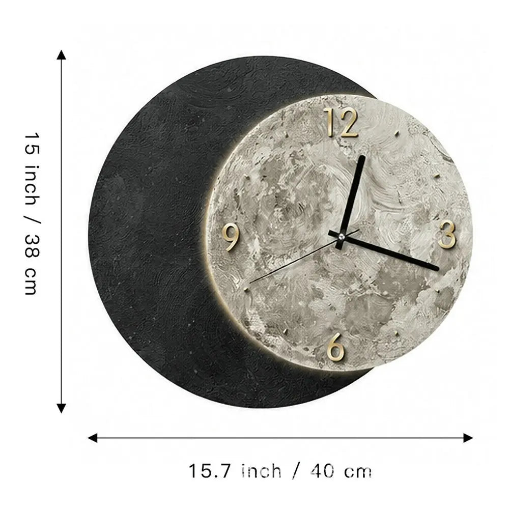 3D black moon wall clock — hand-painted textured wood, 3D black moon overlay | Casa Norex