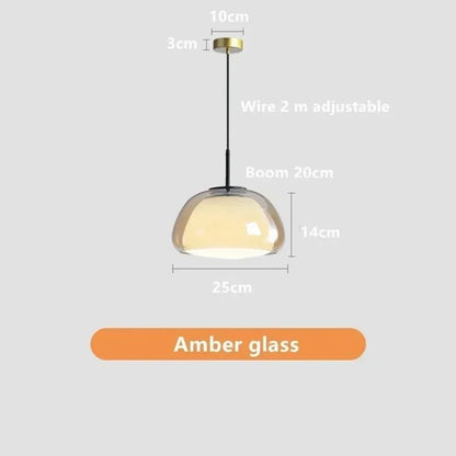 Amber glass dome pendant light with size diagram — 25cm wide, 14cm high | Casa Norex