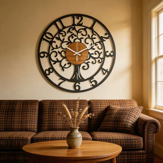 Life Tree Iron Wall Clock in interior setting — black corrosion-resistant iron, life-tree cutout motif | Casa Norex