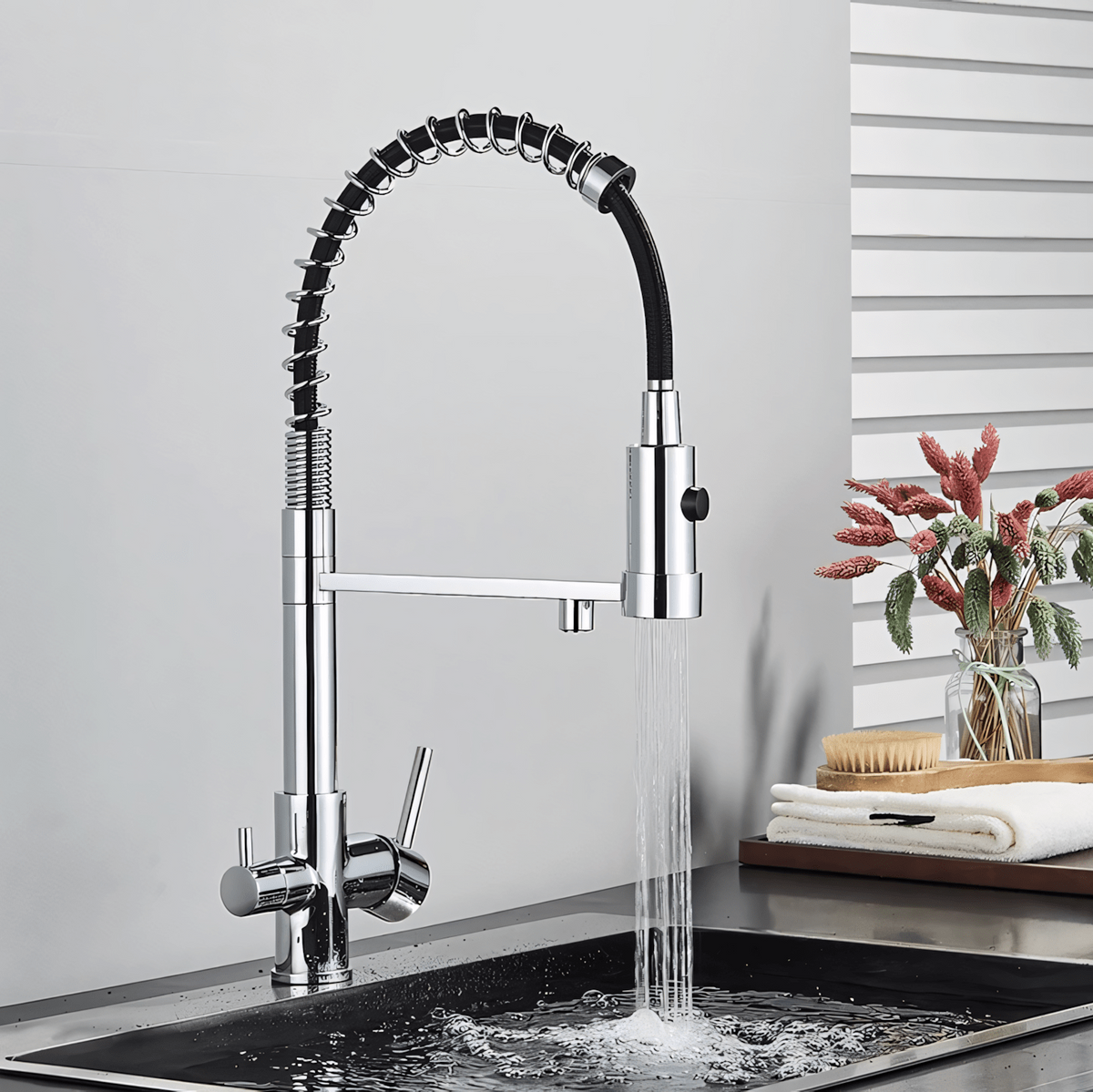 Ashgrove 3-Way Filtered Pull-Down Kitchen Faucet — high-arc 360° swivel spout, angled view | Casa Norex
