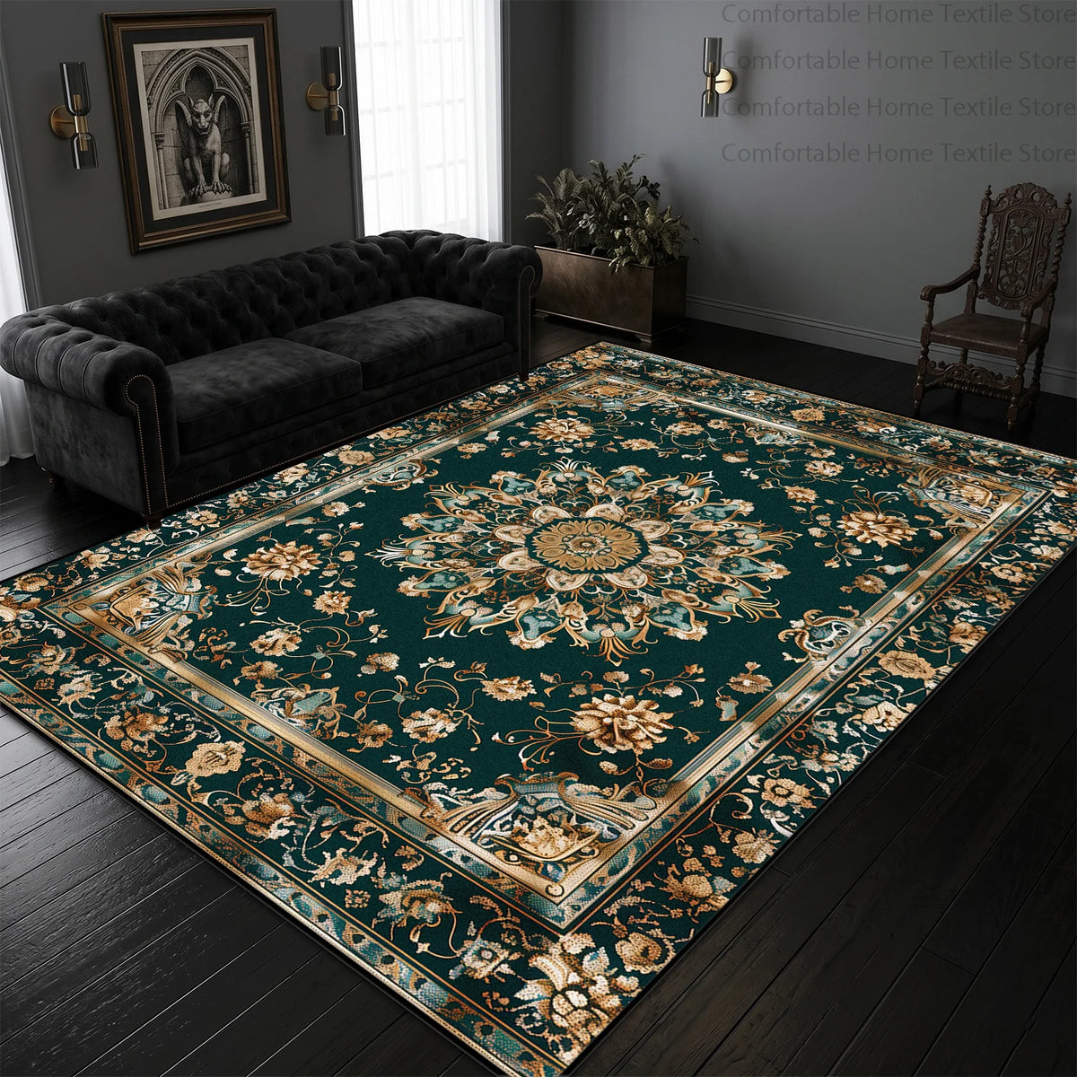 Black and gold Persian rug pattern detail, corner view | Casa Norex