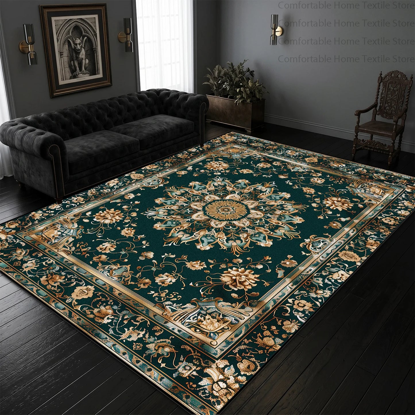 Black and gold Persian rug pattern detail, corner view | Casa Norex