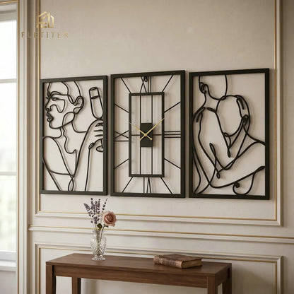Line Art Wall Clock Trio alternate angle — black metal, line-art panel design | Casa Norex