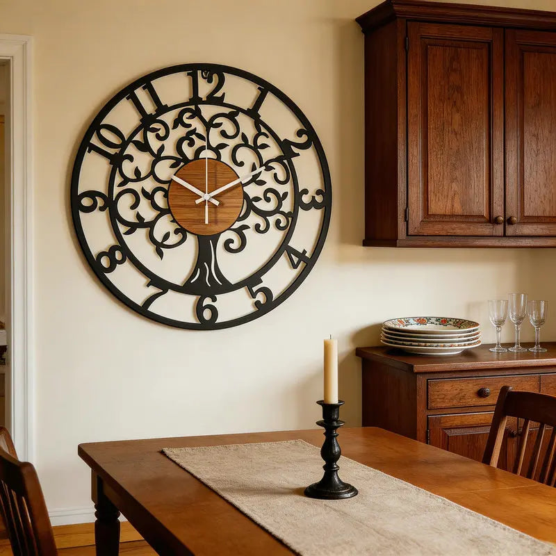 Close-up of black corrosion-resistant iron, life-tree cutout motif detail on life tree iron wall clock | Casa Norex