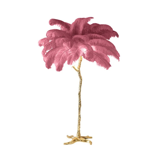 Ostrich feather floor lamp glowing softly at night