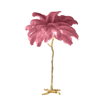 Ostrich feather floor lamp glowing softly at night