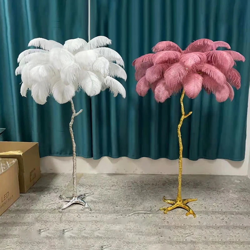 Ostrich feather floor lamp beside a reading chair