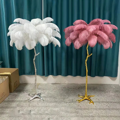 Ostrich feather floor lamp beside a reading chair