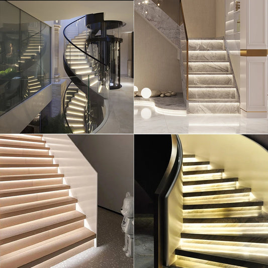 Motion sensor LED strip light stair kit — COB strip lighting each step in warm, neutral or cool white | Casa Norex