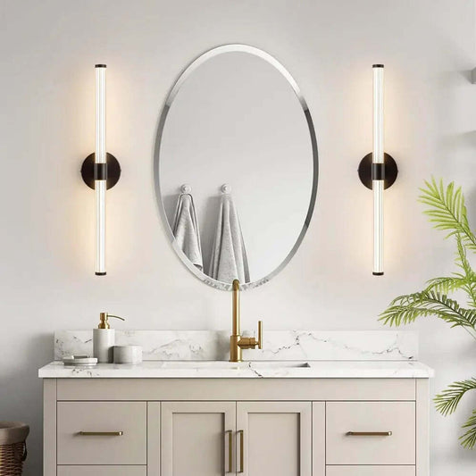 Tinsley sconce in bathroom - horizontal dual-glass mount - Casa Norex
