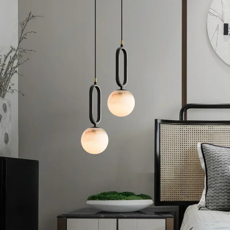 Selene marble pendant light black stone shade and copper cord — Casa Norex