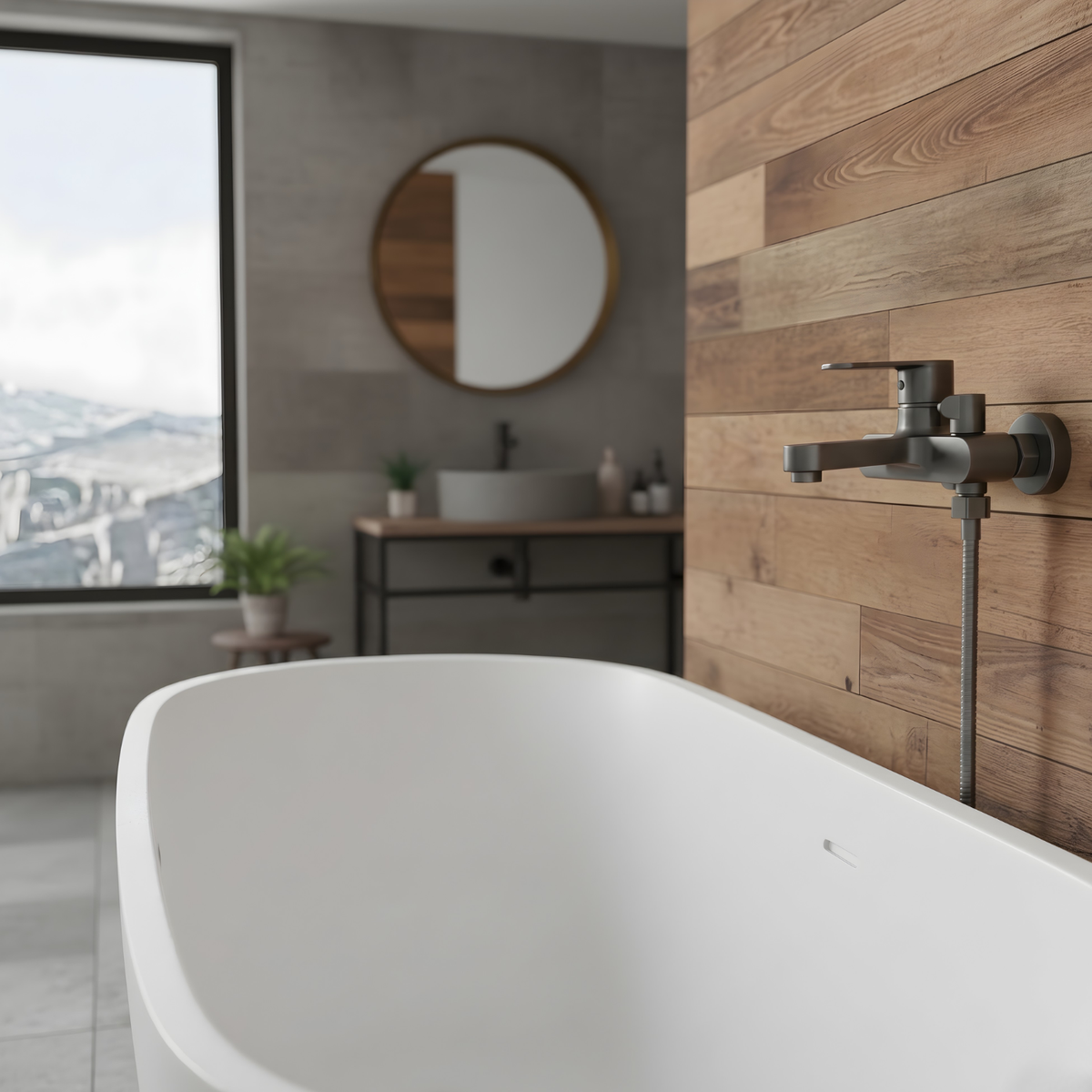 Close-up of solid brass with a polished chrome finish spout and handle on Diverta Shower Faucet Set | Casa Norex