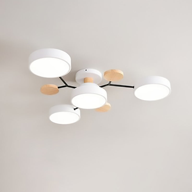 White 4-light semi flush mount ceiling light — LED discs, black arms, wood-tone accents | Casa Norex